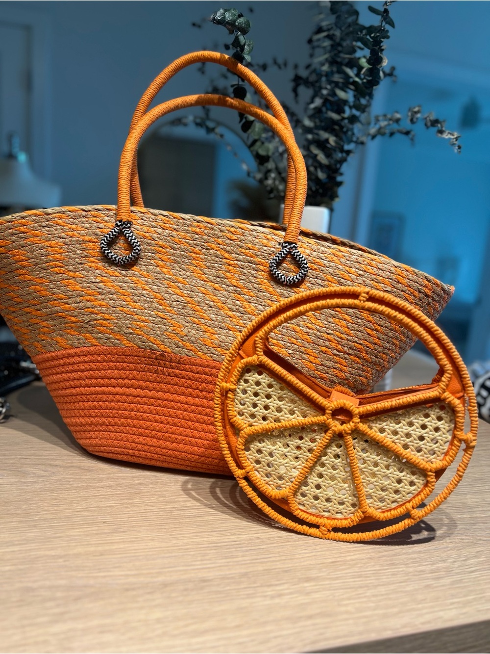 Handwoven Orange Straw Tote with Round Orange Accent Crossbody